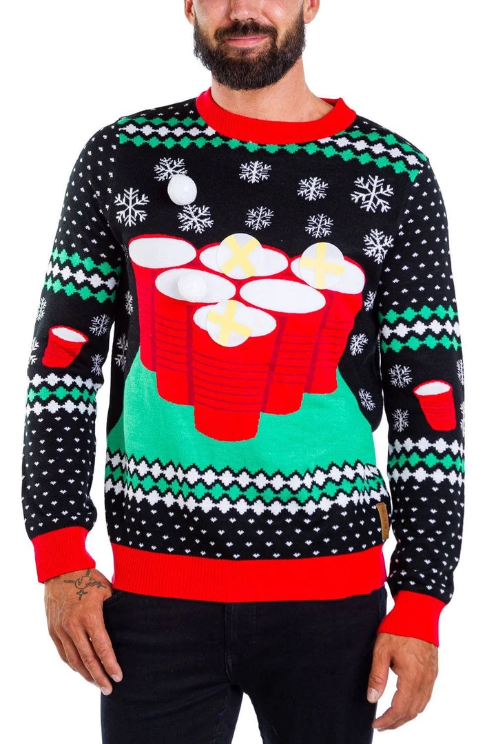 Tipsy Elves Men's Cheer Pong Game Ugly Christmas Sweater