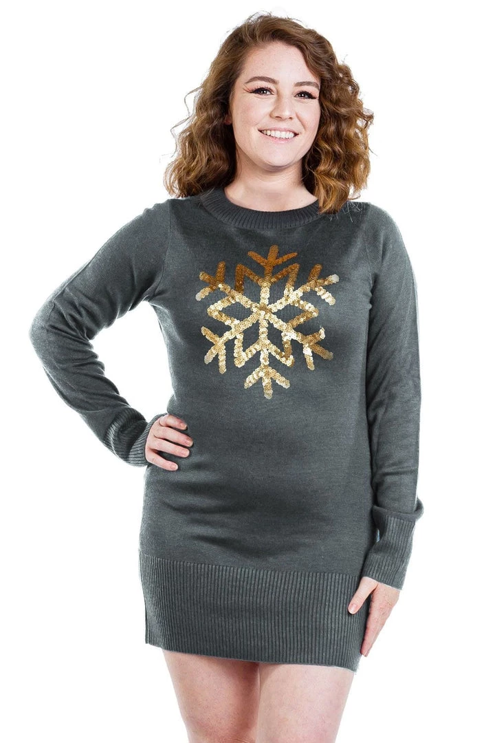 Tipsy Elves Women's Sequined Snowflake Plus Size Sweater Dress