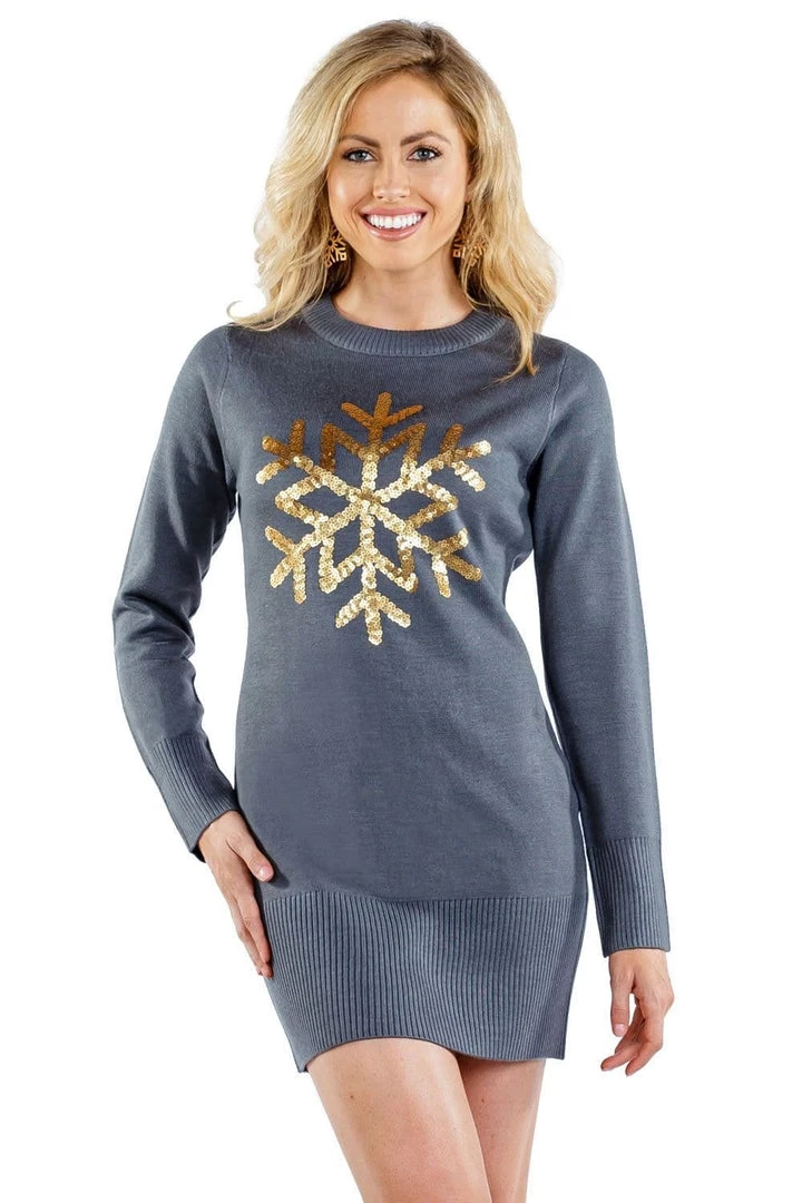 Tipsy Elves Women's Sequined Snowflake Sweater Dress