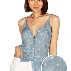 Tipsy Elves Women's Chambray Flag Button Down Tank Top