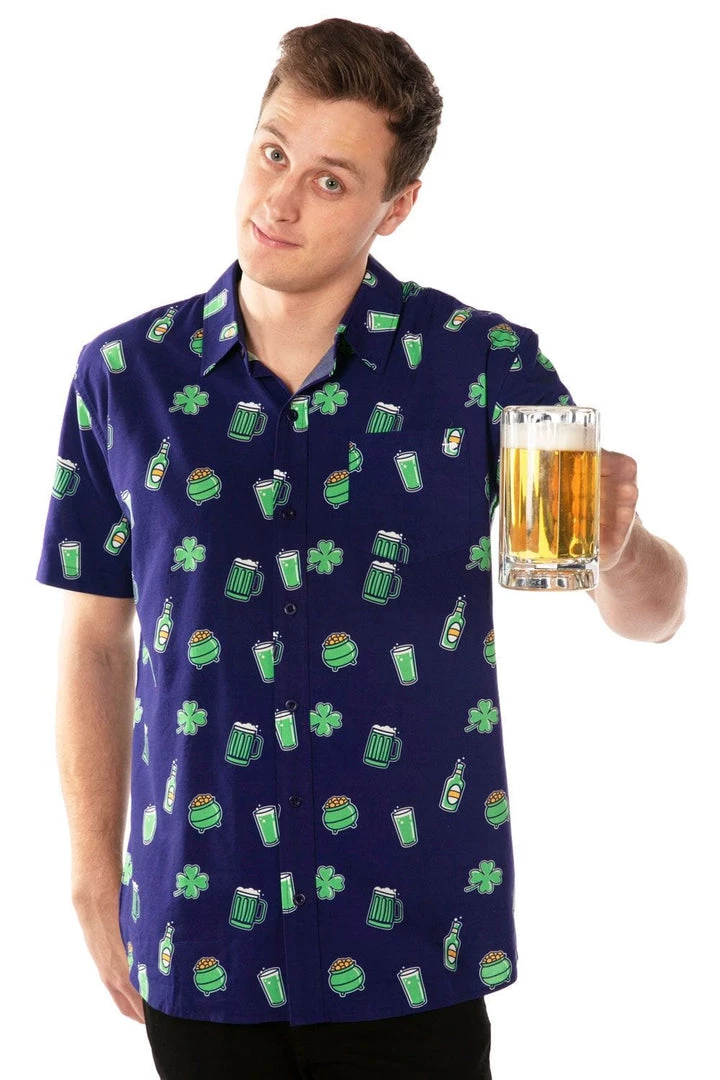 Tipsy Elves Men's Green Beer Button Down Shirt