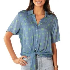 Tipsy Elves Women's Charmbray Clover Tie-Front Shirt