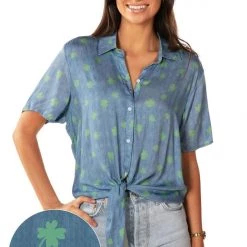Tipsy Elves Women's Charmbray Clover Tie-Front Shirt