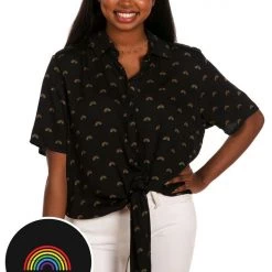 Tipsy Elves Black Rainbow All The Way Tie-Front Shirt - Women's Cut