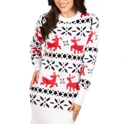 Tipsy Elves Women's Red And White Reindeer Sweater Dress