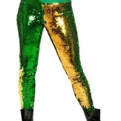 Tipsy Elves Women Green And Gold Reversible Sequin Mid-Waisted Leggings