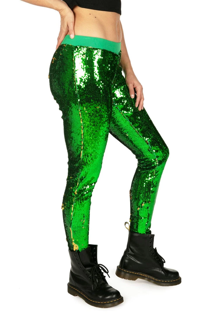 Tipsy Elves Women Green And Gold Reversible Sequin Mid-Waisted Leggings