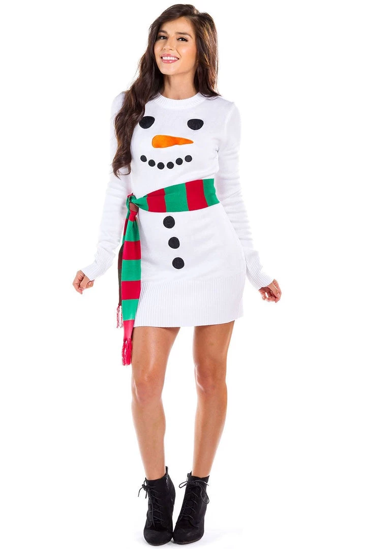Tipsy Elves Women's Snowman Scarf Sweater Dress