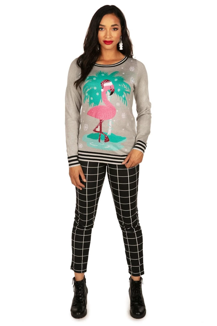 Tipsy Elves Women's Sequin Flamingo Ugly Christmas Sweater