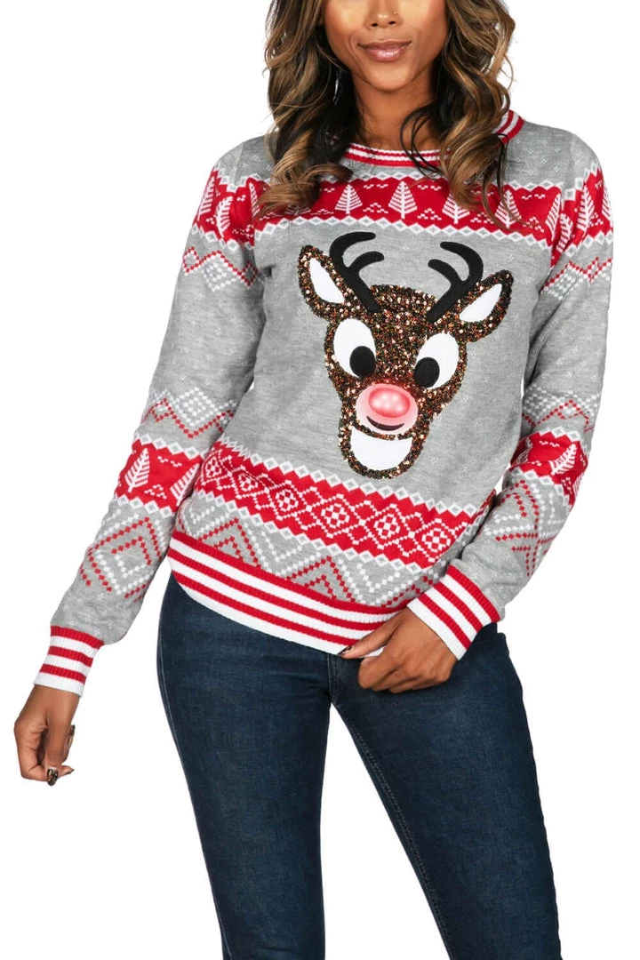 Tipsy Elves Women's Sequin Rudolph Light Up Ugly Christmas Sweater
