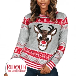 Tipsy Elves Women's Sequin Rudolph Light Up Ugly Christmas Sweater