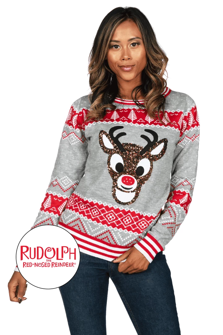 Tipsy Elves Women's Sequin Rudolph Light Up Ugly Christmas Sweater